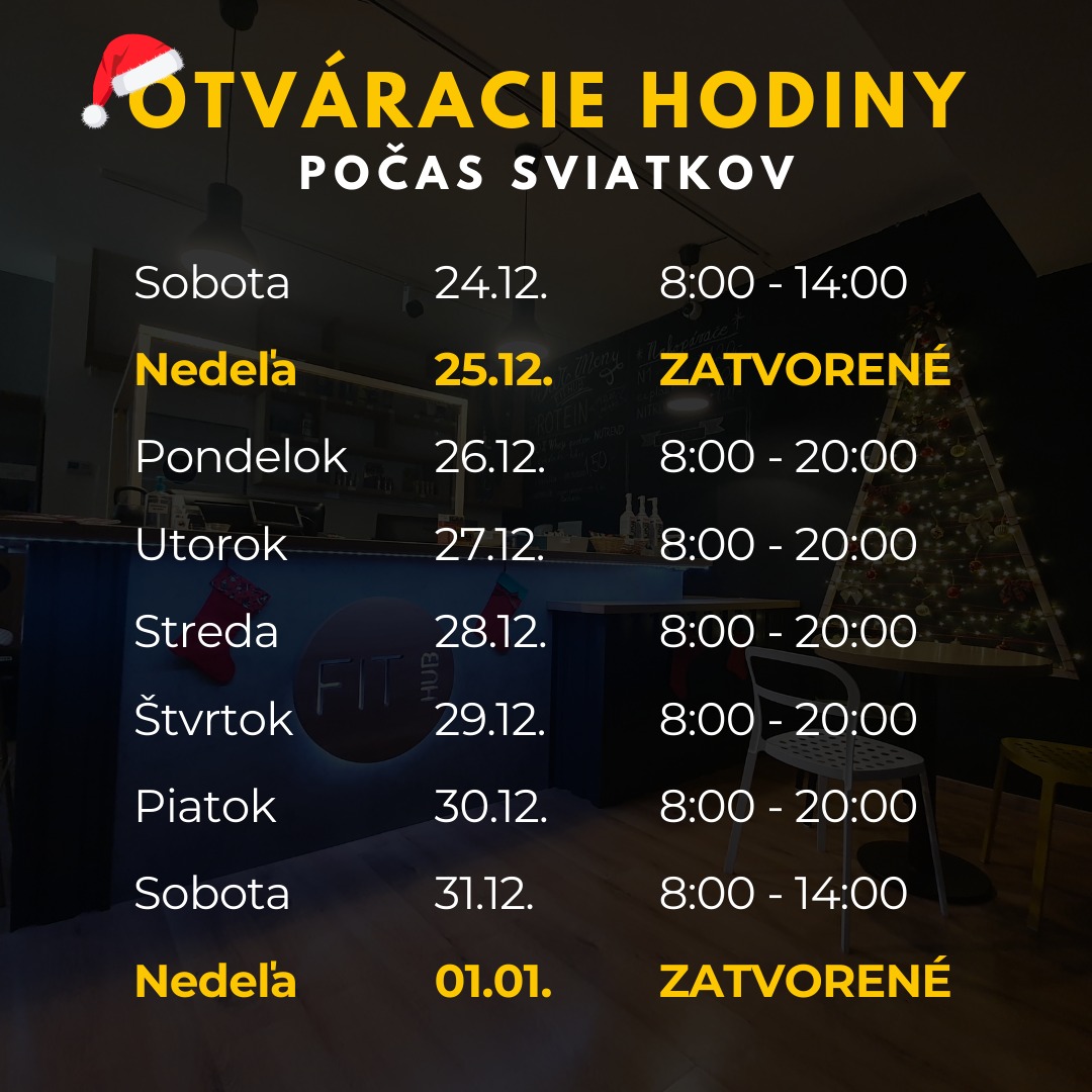 🌲 Otváracie hodiny vo FitHub počas sviatkov 🌲
Vážení zákazníci, počas sviatkov budeme mať pozmenené otváracie hodiny. 🕑 Nezabudnite, že nedeľa 25.12. a nedeľa 01.01. máme ZATVORENÉ.
👉 Skupinové lekcie BODYFORM budú v utorok 27.12. a vo štvrtok 29.12., následne bude pauza do 8.1.
Tešíme sa na vašu návštevu 💛
#fithub #fitness #fitnesscentrum #cachtice #novemestonadvahom #podolie #castkovce #vianoce #sviatky #oznam #otvaraciehodiny