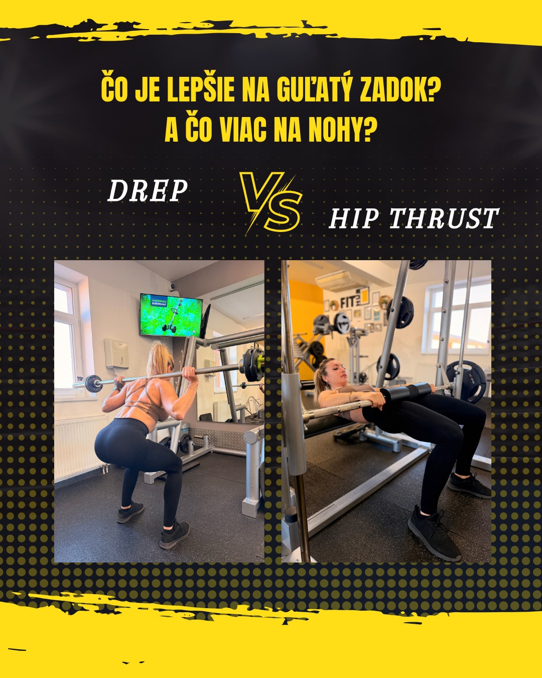 🏋️‍♂️ Drep alebo hip thrust – čo je lepšie na guľatý zadok a čo viac na nohy?

Presne túto otázku si položili výskumníci a urobili 9-týždňovú štúdiu, kde 35 ľudí cvičilo 2× týždenne buď len drepy, alebo len hip thrusty. 🔍 Zaujímalo ich, čo viac prispieva k rastu svalov a zlepšeniu sily. A výsledky?

💪 Svaly rástli takto:
• Drep viac zaťažoval kvadricepsy a vnútorné stehná (adduktory).
• Hip thrust najviac zaberal na zadok.

🏆 Sila rástla takto:
• V drepe sa skupina drepárov zlepšila o +44 %, zatiaľ čo „hipthrustári“ len o +16 %.
• V hip thruste viedla logicky hip thrust skupina s +64 %, drepári +33 %.
• V mŕtvom ťahu to bolo takmer rovnaké – okolo +15 % pre obe skupiny.

🎯 Čo z toho vyplýva?

✅ Chceš byť silnejší v drepe? Rob drepy.
✅ Chceš väčší zadok? Daj dôraz na hip thrusty.
✅ Chceš rásť všade? Kombinuj oboje + ďalšie cviky podľa toho, čo ti sedí a čo chceš zlepšiť.

👉 Keď budeš v tréningu múdro striedať cviky, zacieliš každú svalovú partiu a telo sa ti za to poďakuje.
