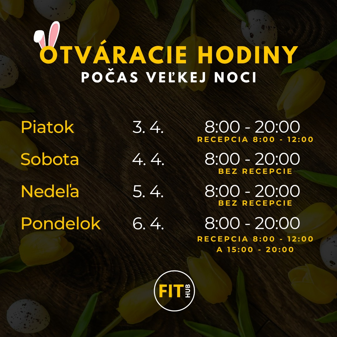 🐣Veľká noc vo FITHUBE 🐣

🔥Aj počas sviatkov si u nás môžeš prísť zamakať! 🏋
🔥Pozri si naše upravené otváracie hodiny a naplánuj si svoj tréning bez výhovoriek 😉