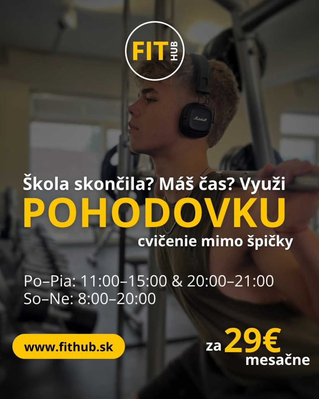 🎓 SKONČILI SKÚŠKY? TAK POĎ NA POHODOVKU! 💪

Uži si leto naplno – voľno máš, čas máš, tak prečo necvičiť výhodne?

🧘‍♂️ Pohodovka permanentka len za 29 € / mesiac 
➡️ platí po–pia: 11:00–15:00 & 20:00–21:00
➡️ so–ne: 8:00–20:00

🌞 Ideálne pre tých, čo nemusia cvičiť v špičke – maturanti, študenti, prázdninári… tento čas je len tvoj!
💸 Neplať za hodiny, ktoré nevyužiješ. Choď si zacvičiť vtedy, keď je v gyme pokoj, a ušetríš.

📍 Zastav sa, zacvič si, zresetuj sa – letná forma nepočká!